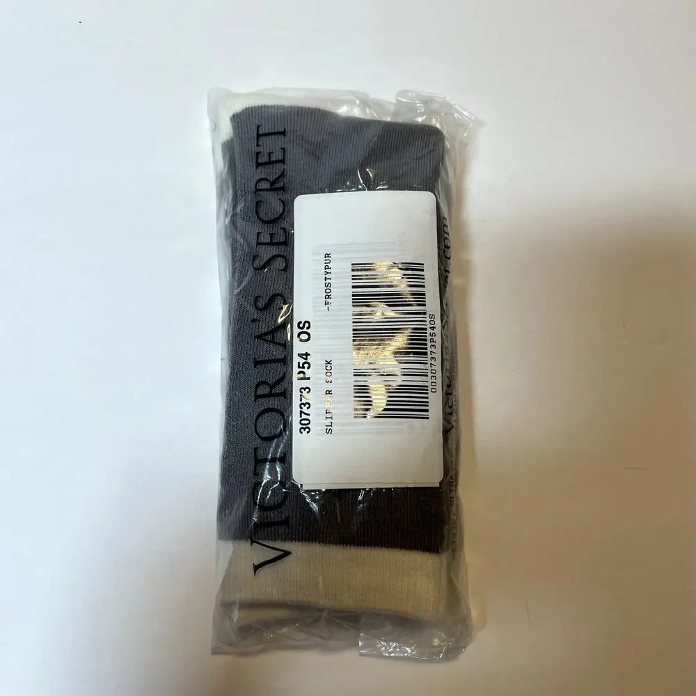 Victorias Secret Slipper Socks Gray White Womens One Size Lined Classic Grippers